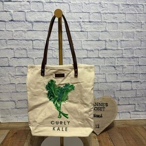 Smith & Hawken canvas market tote with leather handles and Curly Kale graphic